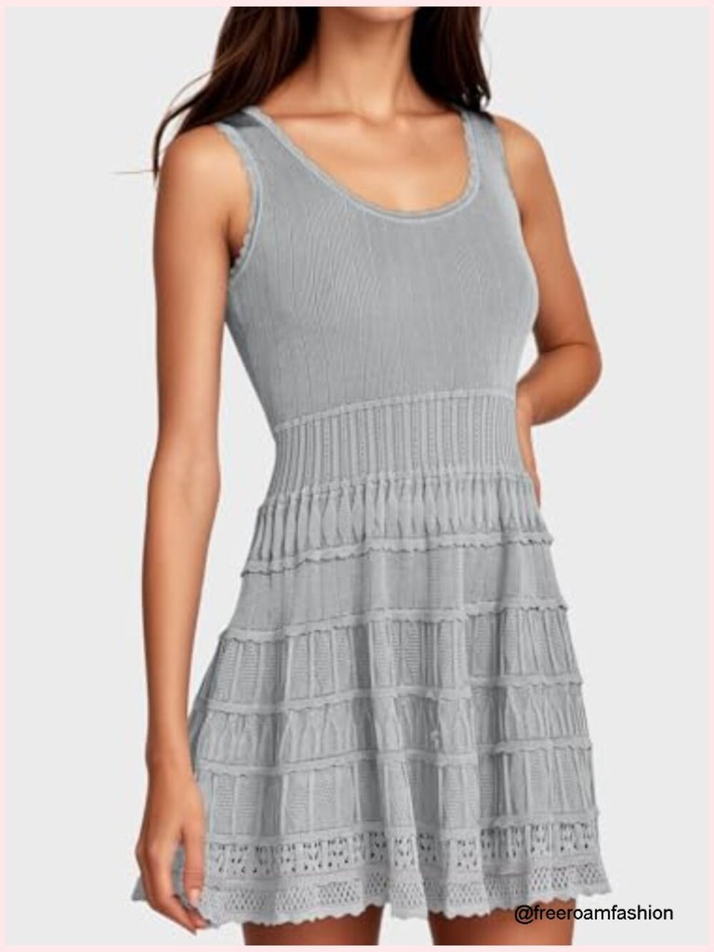 Womens Summer Mini Dress Casual Crewneck Knitted Crochet Hem Flowy Tank Sundress - Picture 4 of 7